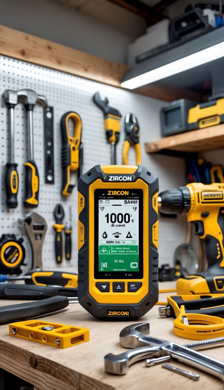 A Zircon MultiScanner 24 stud finder on a workbench surrounded by various hand tools and equipment in a garage workspace.