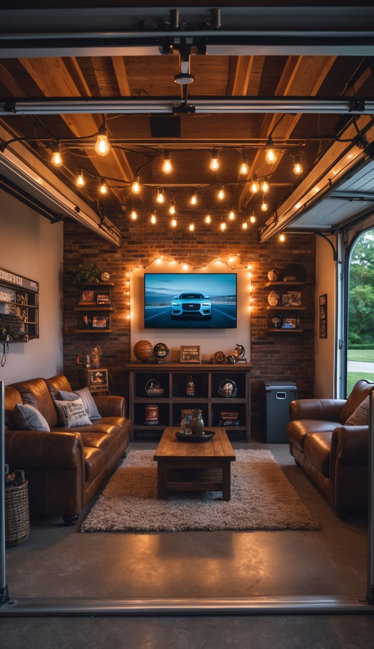 A cozy garage converted into a man cave with warm lighting, a leather sofa, wooden furniture, shelves with decorations, and a large TV.