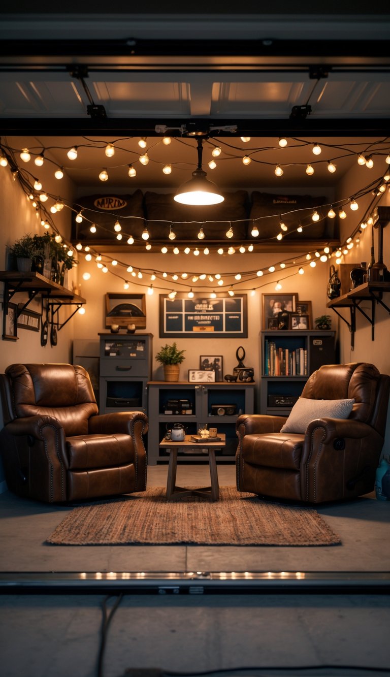 Cozy garage space with warm string lights, comfortable seating, and decorative shelves creating a relaxing atmosphere.