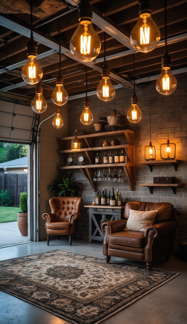 A cozy garage with Edison bulb pendant lights, comfortable seating, wooden shelves, and a small bar area creating a warm and inviting space.