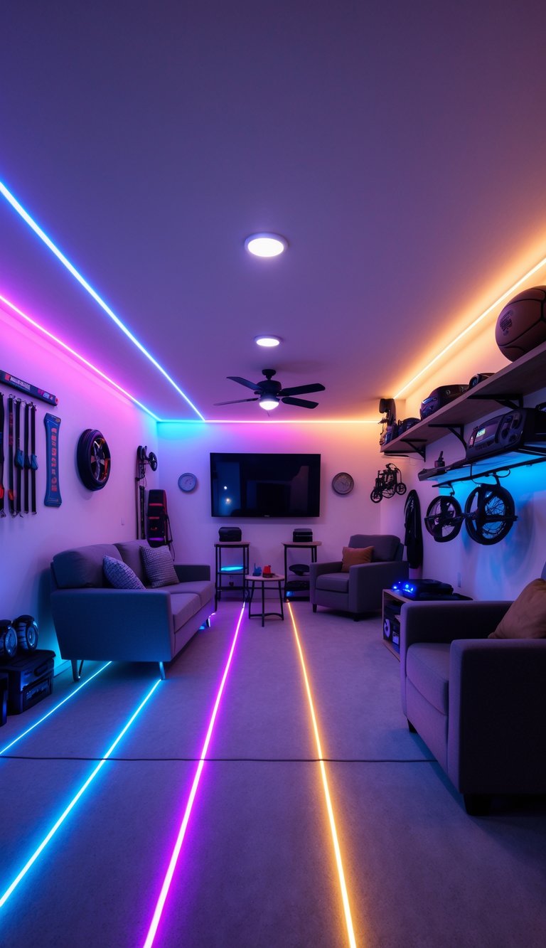 A cozy garage setup with colorful LED lighting, comfortable seating, a TV, and organized shelves creating a relaxing man cave atmosphere.