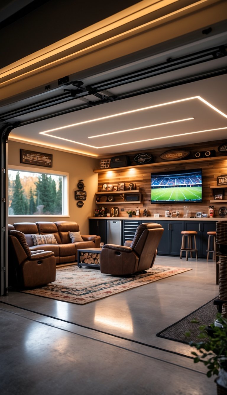 Cozy garage interior with warm recessed lighting, comfortable seating, a large TV, and decorative shelves creating a relaxing man cave atmosphere.