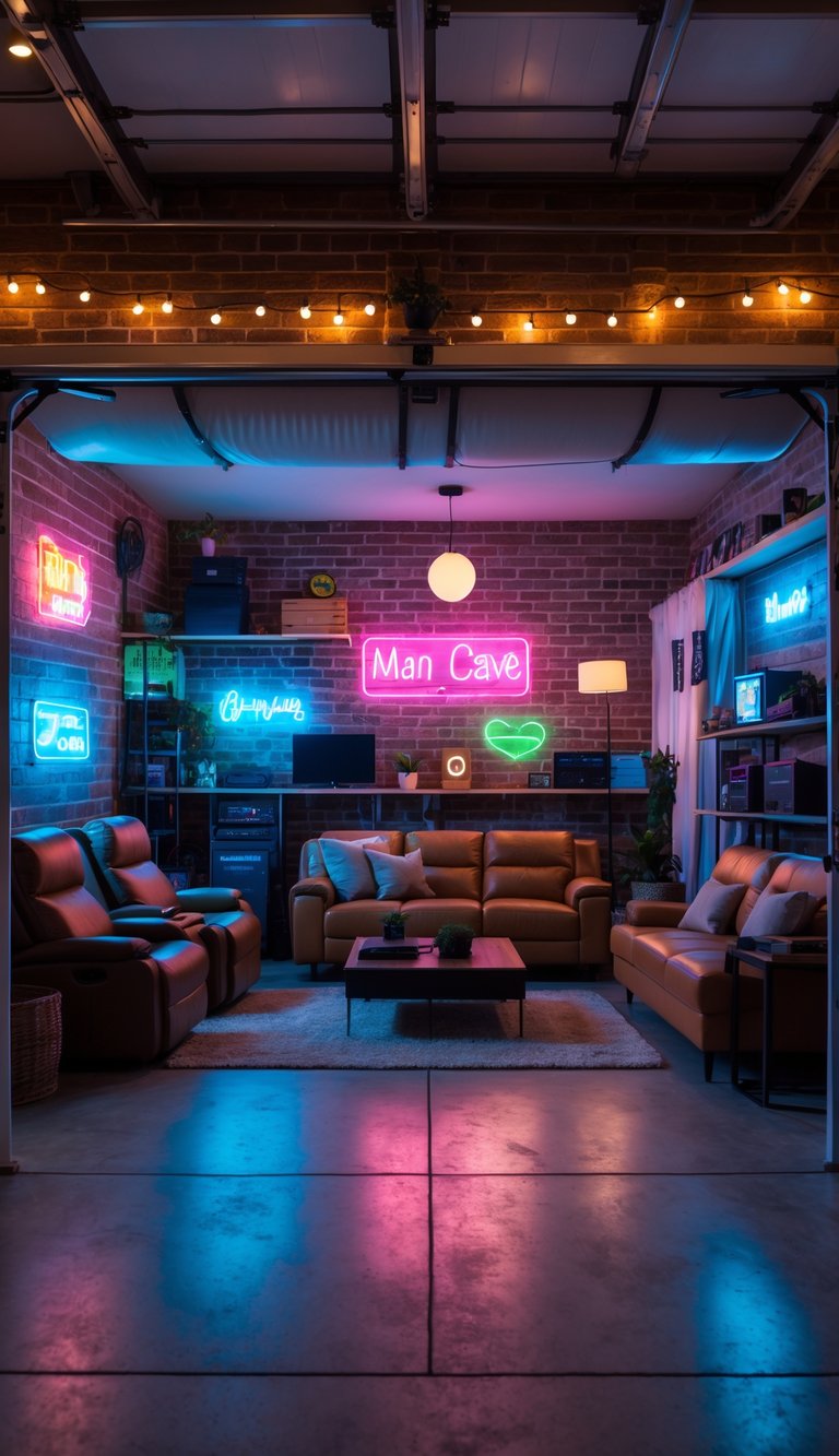 A cozy garage space with comfortable seating, colorful neon signs on brick walls, and warm ambient lighting creating a relaxing atmosphere.