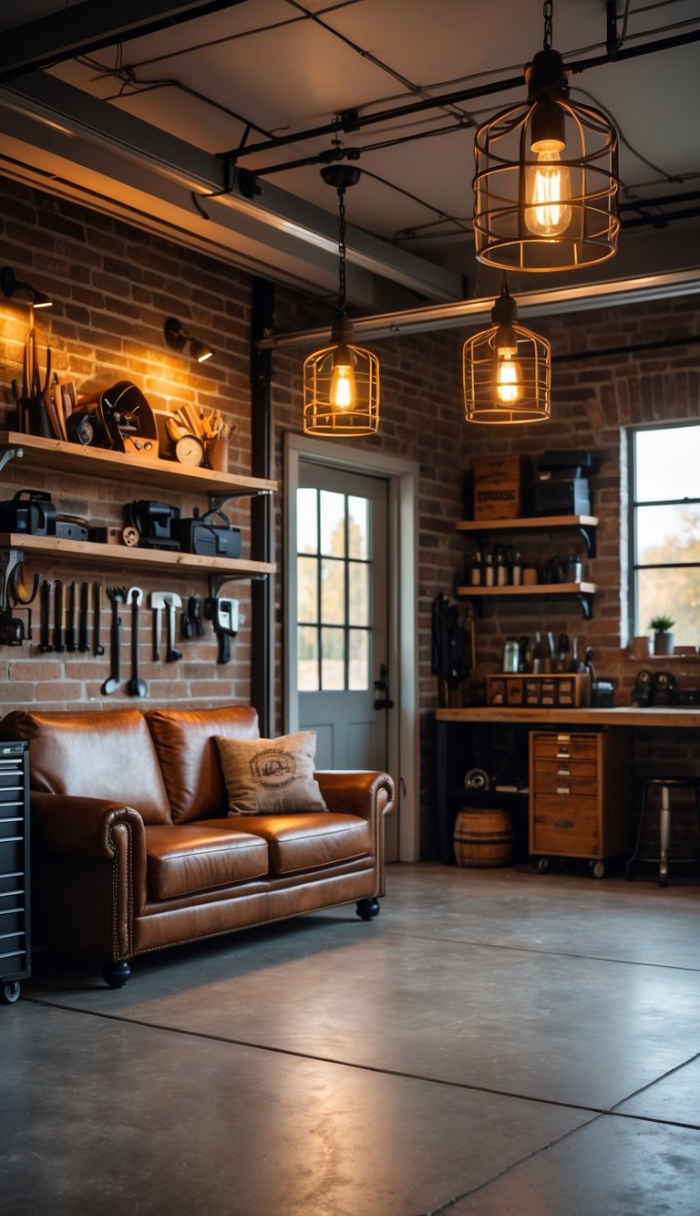 A garage interior with metal cage pendant lights, leather seating, wooden shelves, and a workbench creating a warm and inviting atmosphere.