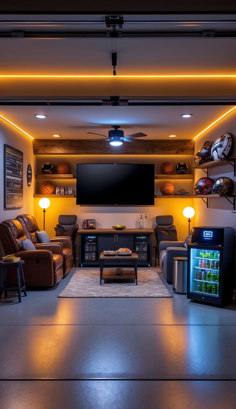 A cozy garage transformed into a man cave with warm dimmed lighting, comfortable seating, sports decorations, and a TV.