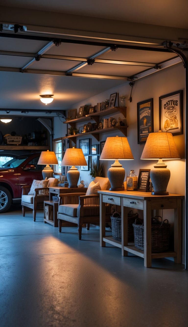 A cozy garage man cave with table lamps featuring fabric shades casting warm light over comfortable seating and rustic decor.