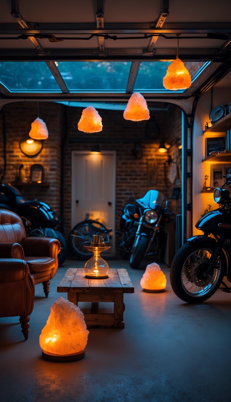 A cozy garage man cave with warm amber lighting from salt lamps, comfortable seating, and rustic decor.