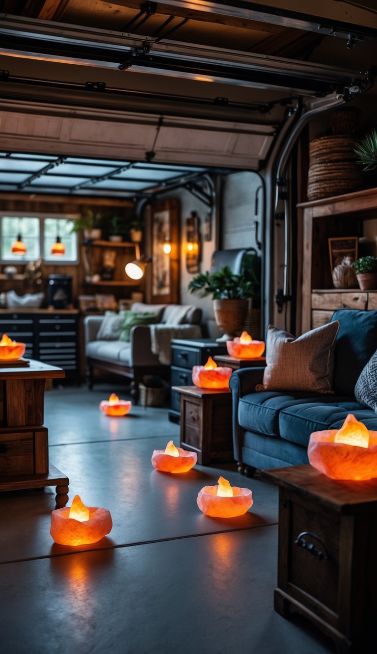 A cozy garage man cave lit by warm glowing Himalayan salt tealight holders placed on shelves and tables, with comfortable seating and rustic decor.