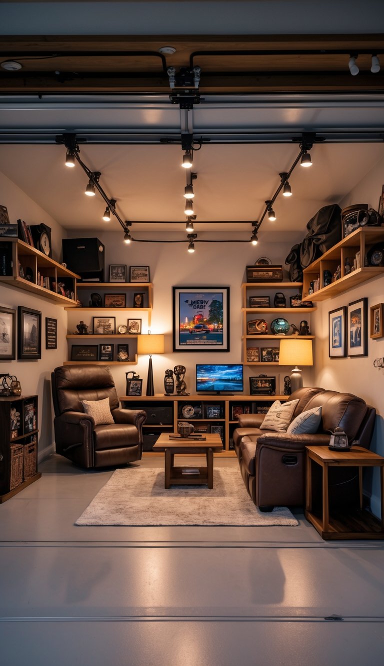 A cozy garage man cave with track lighting highlighting artwork and shelves, comfortable seating, and warm ambient lighting.
