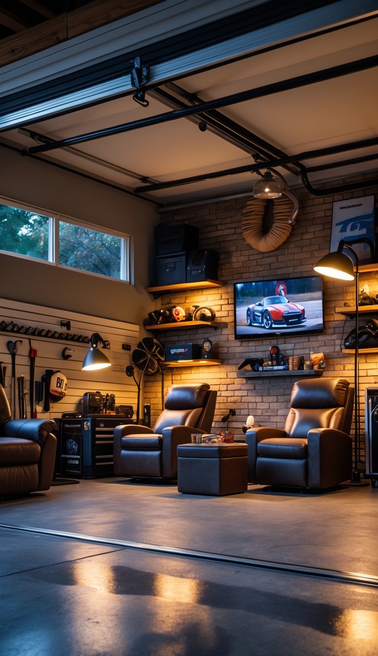 A garage converted into a cozy man cave with floor lamps providing warm adjustable lighting around comfortable seating and decorative shelves.