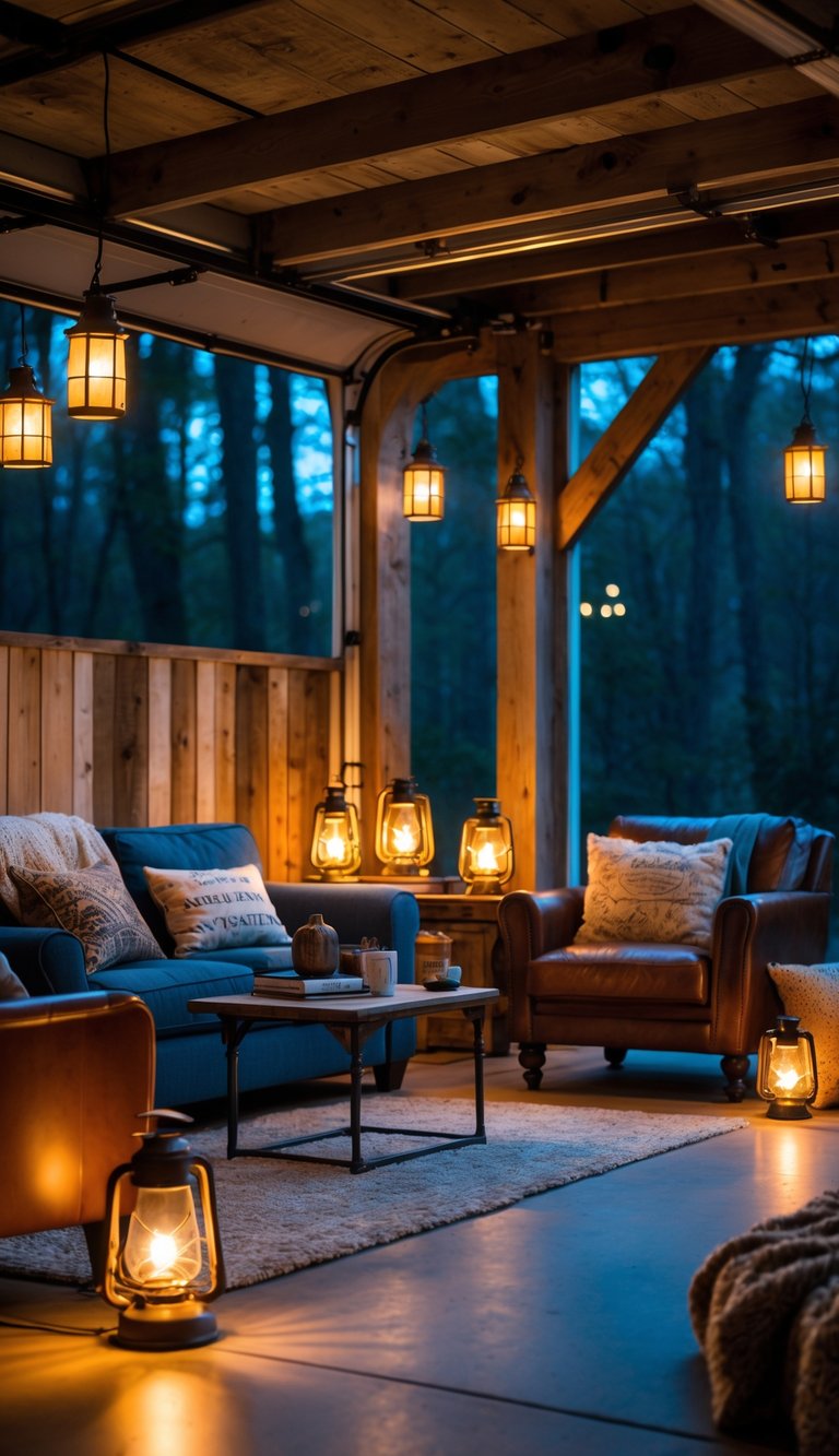 A garage interior with vintage lantern-style lights illuminating a comfortable seating area with wooden walls and cozy decorations.