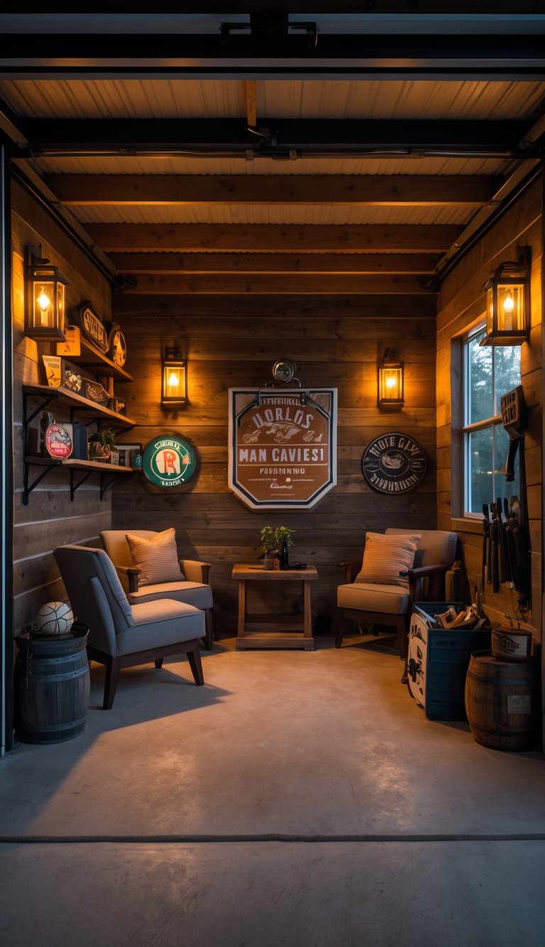 A cozy garage space with warm wall sconces lighting a comfortable seating area surrounded by wooden walls and shelves with decor items.