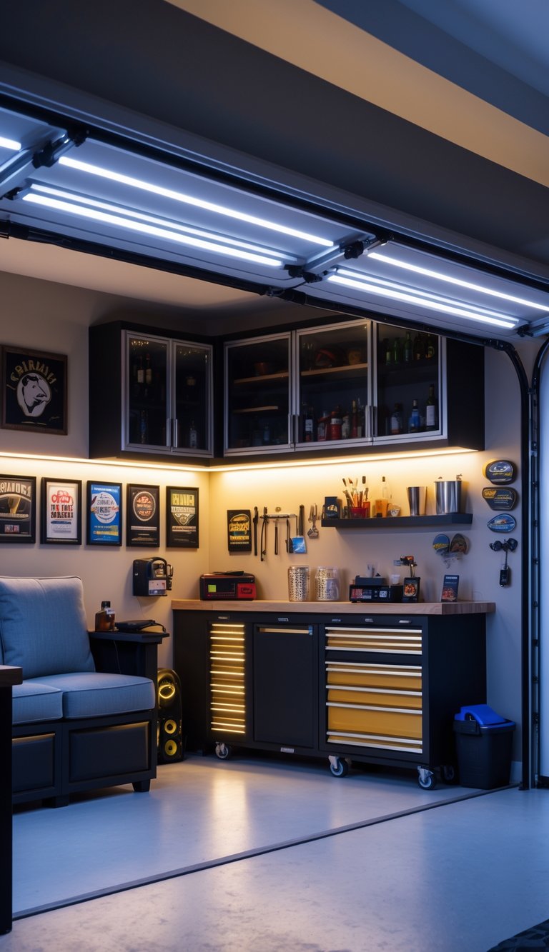 A cozy garage workspace with under-cabinet LED strip lights illuminating a workbench, comfortable seating, and decorative items.