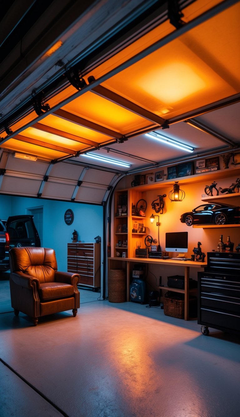 A cozy garage interior transformed with warm orange and amber lighting, featuring a leather armchair, coffee table, shelves with collectibles, and a workbench.