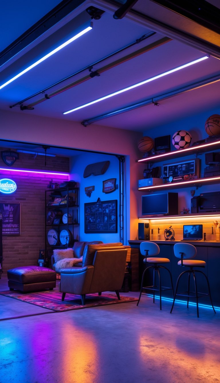 A garage transformed into a cozy man cave with comfortable seating, shelves of memorabilia, a bar area, and colorful ambient lighting.