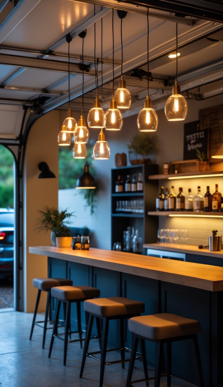 Bar area in a garage with clustered pendant lights hanging over the counter and cozy decor.