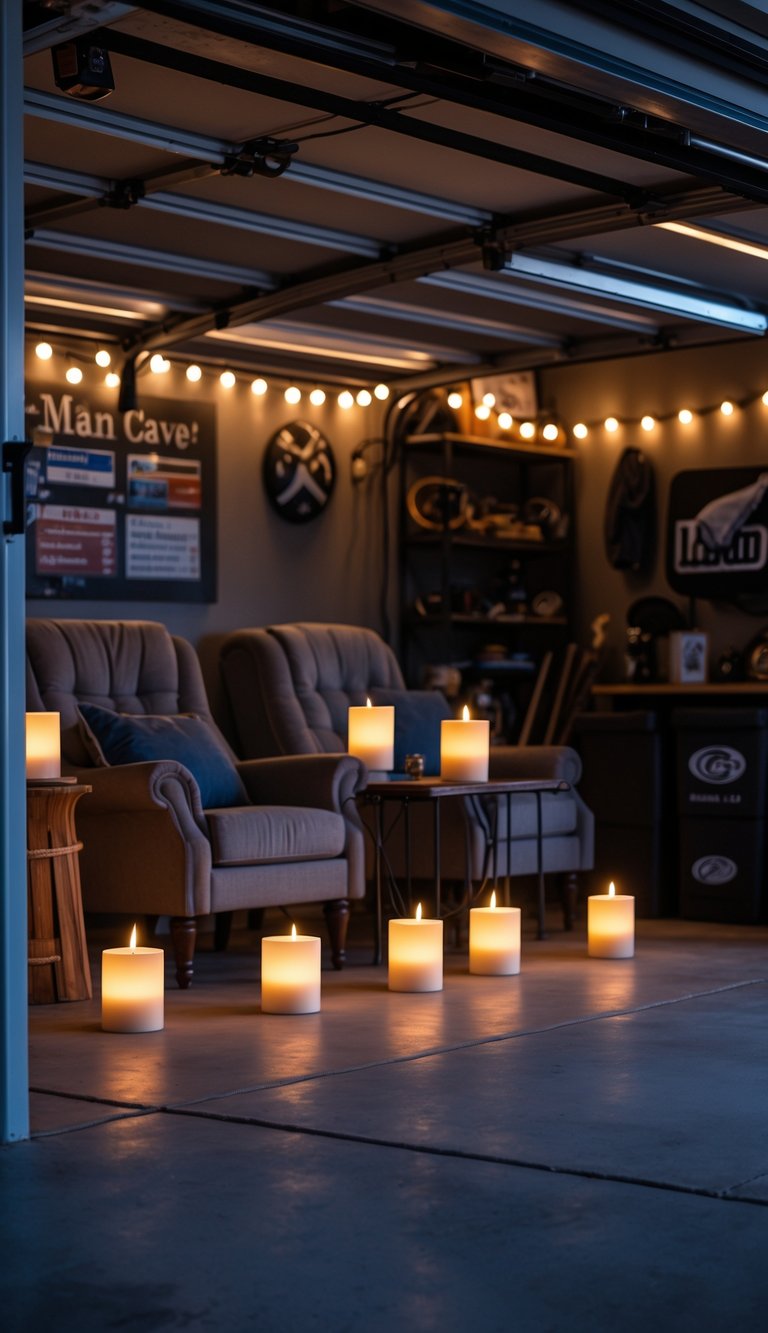 A cozy garage man cave with flickering LED candles on a table, warm ambient lighting, comfortable seating, and decorative shelves in the background.