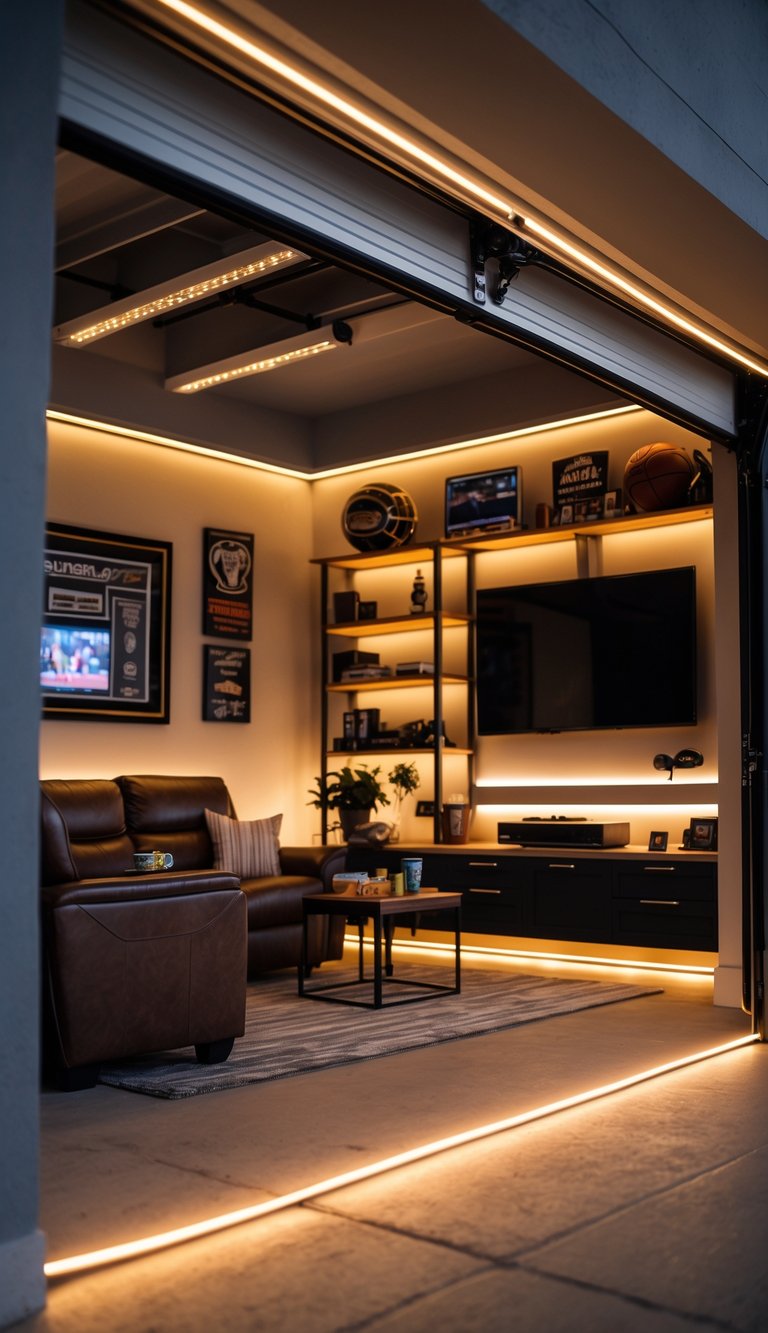 A cozy garage setup with rope lights along the baseboards, comfortable seating, and a TV, creating a warm and inviting atmosphere.