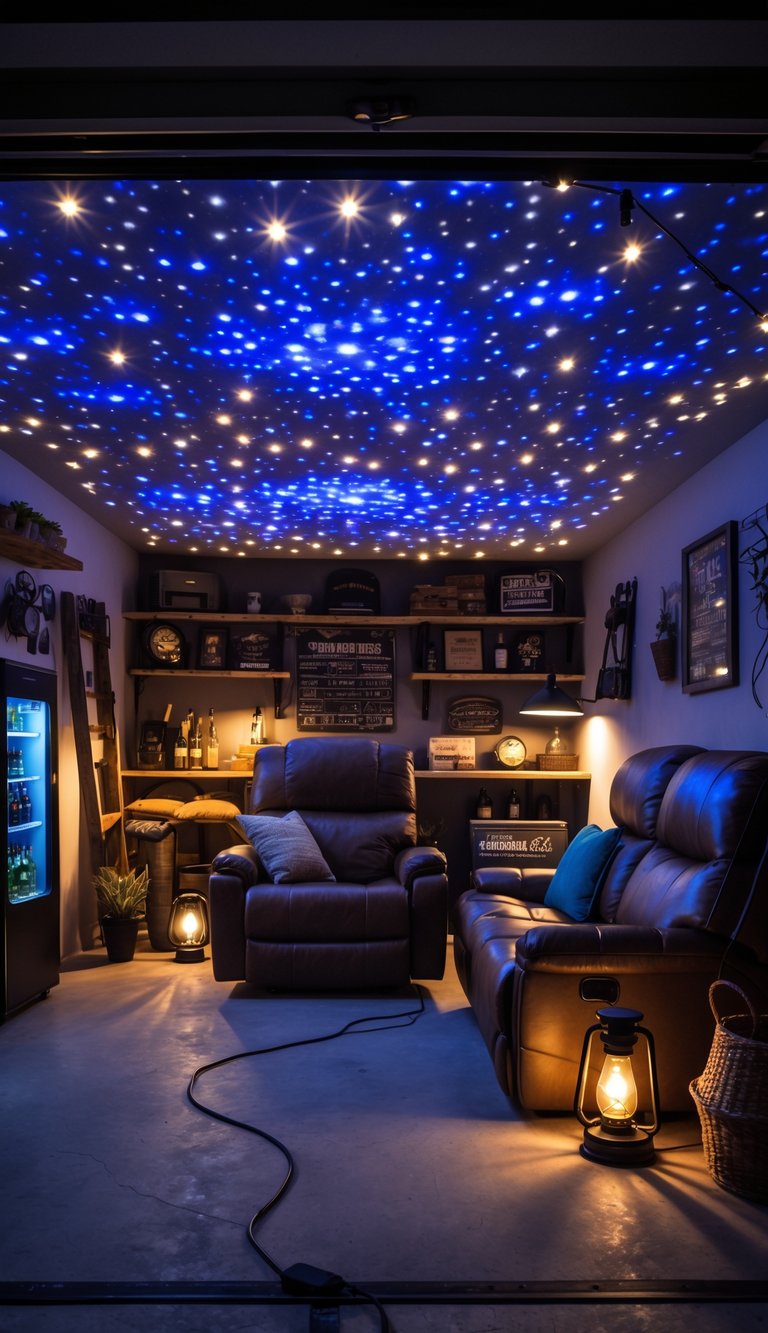 A cozy garage man cave with star-like projector lights on the ceiling, comfortable seating, and warm ambient lighting.