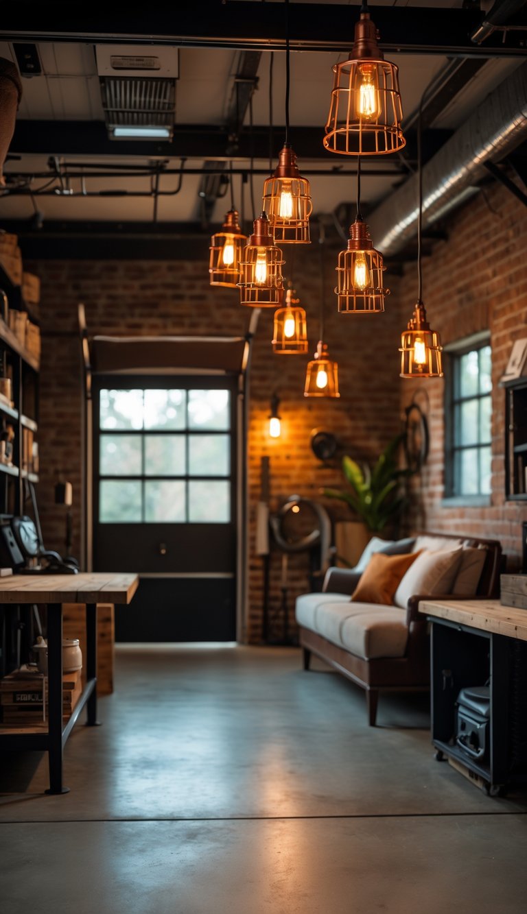 A cozy garage transformed into a man cave with warm copper pendant lamps hanging from the ceiling, comfortable seating, and rustic decor.