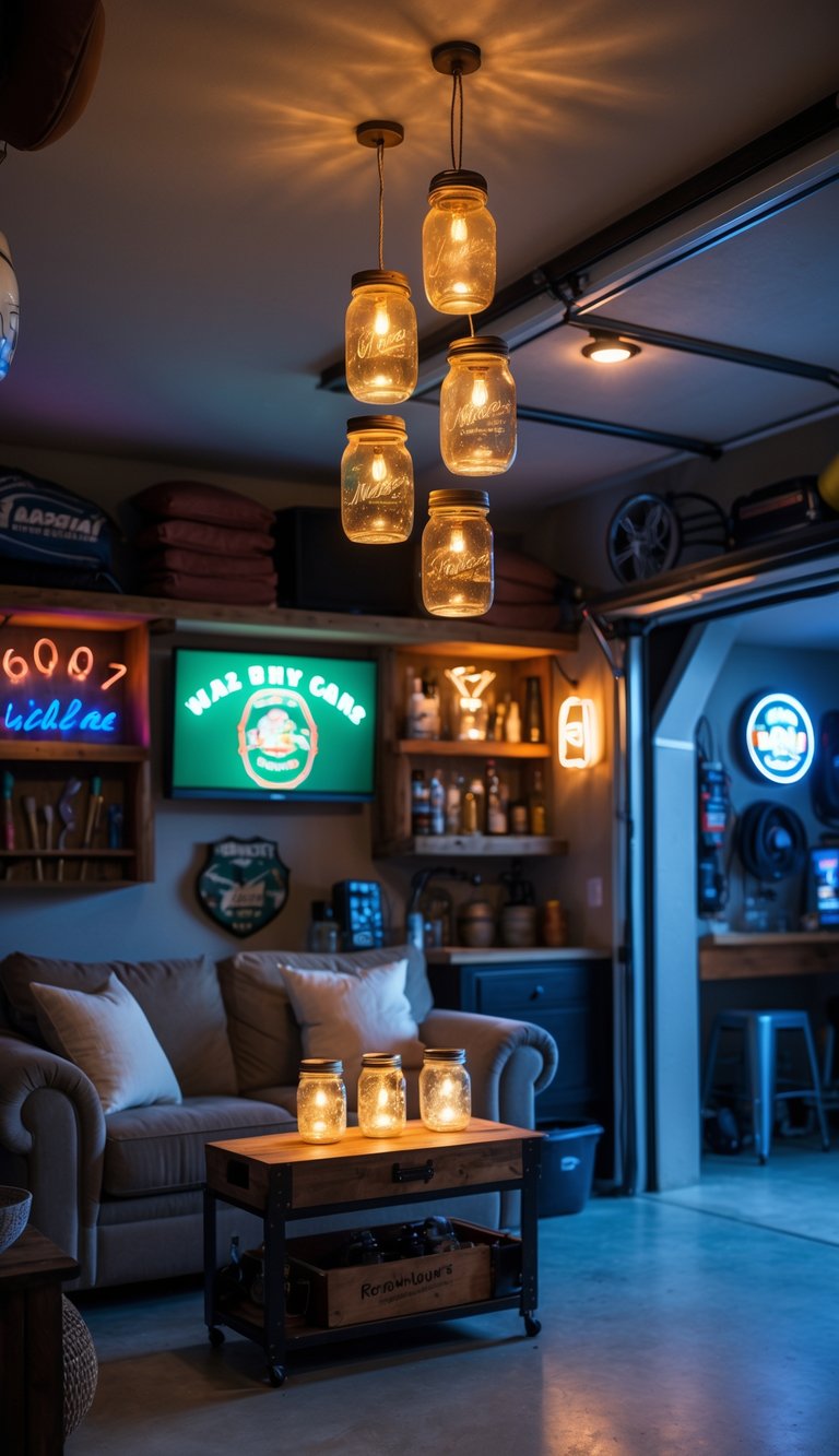 A cozy garage man cave with hanging mason jar light fixtures glowing warmly above comfortable seating and rustic shelves filled with tools and decor.