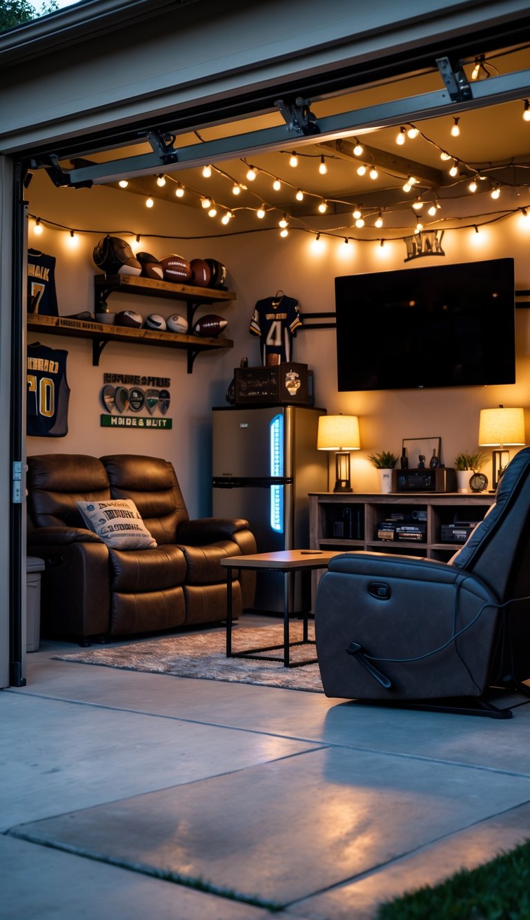 A cozy garage man cave with warm lighting, comfortable seating, a TV, and dimmer switches on the wall controlling the brightness.