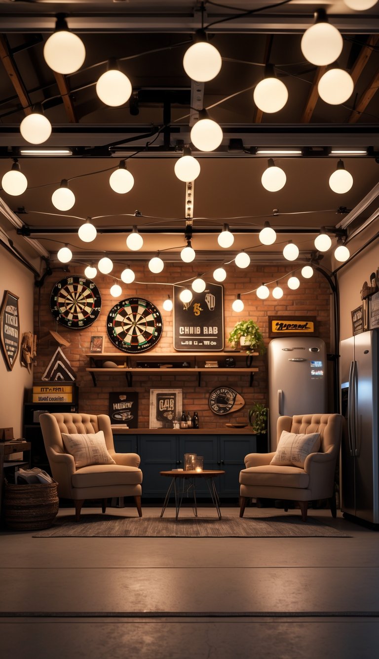 A cozy garage transformed into a man cave with globe string lights casting soft white light over comfortable seating and decorative shelves.