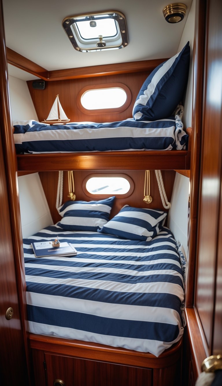 A bunk bed inside a boat cabin with navy blue and white striped bedding and wooden walls, lit by natural light from a small window.