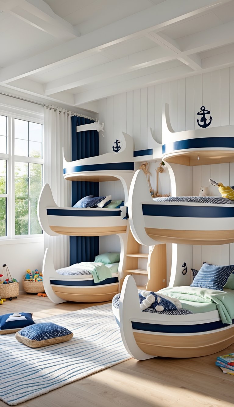 Children's bedroom with boat-shaped bunk beds featuring curved hull designs and nautical decor.
