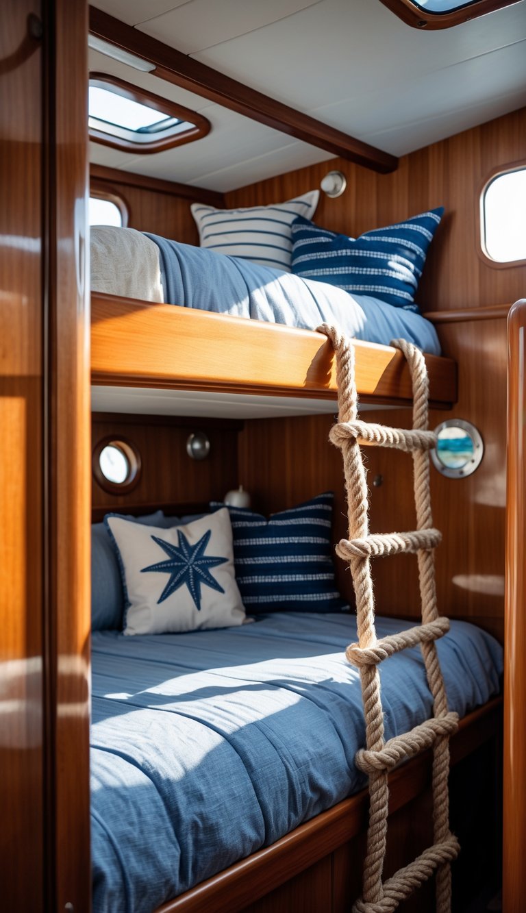 A cozy bunk bed area inside a boat with rope ladders hanging beside the beds and nautical decor.
