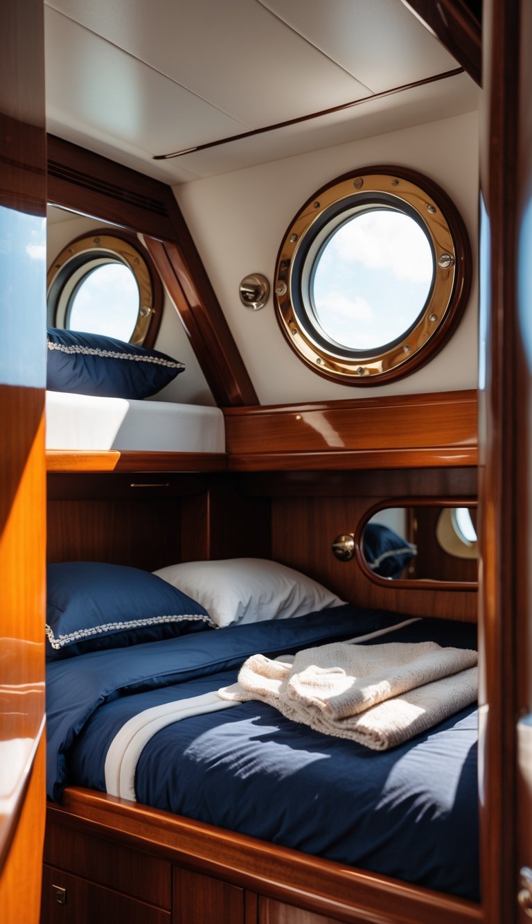 A cozy boat cabin with a bunk bed and round porthole-style windows near the bed letting in natural light.