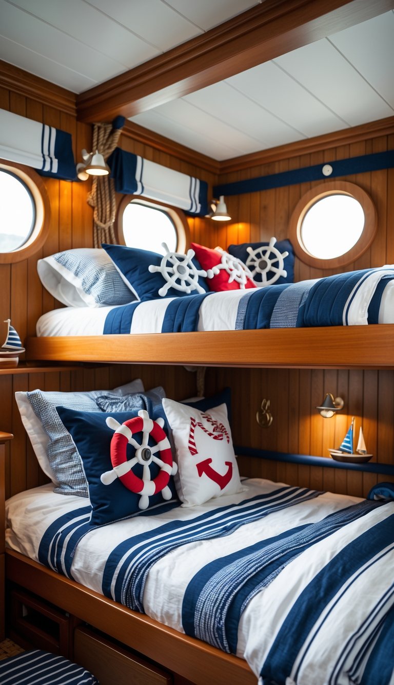 Children's bunk beds decorated with anchor and ship wheel pillows in a boat-themed room with wooden walls and nautical accents.