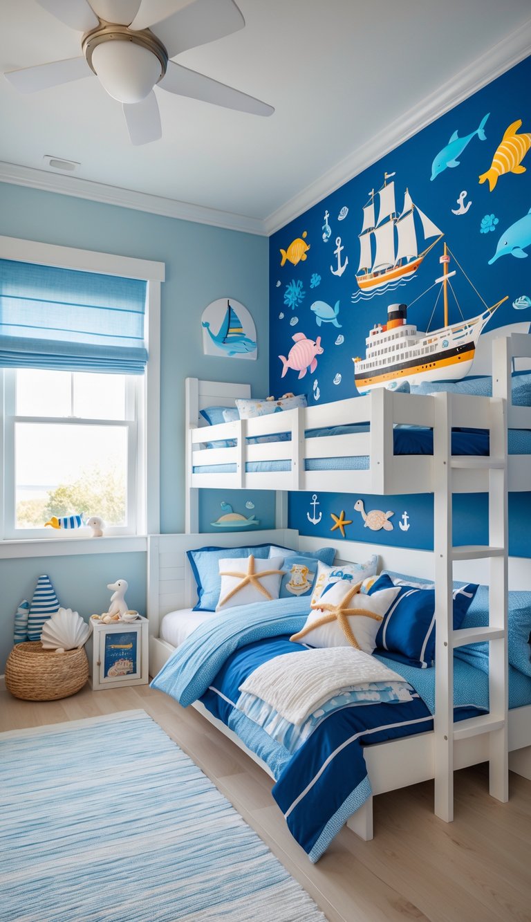 Children's bedroom with a bunk bed decorated with sea creature and ship wall decals, nautical bedding, and marine-themed toys.