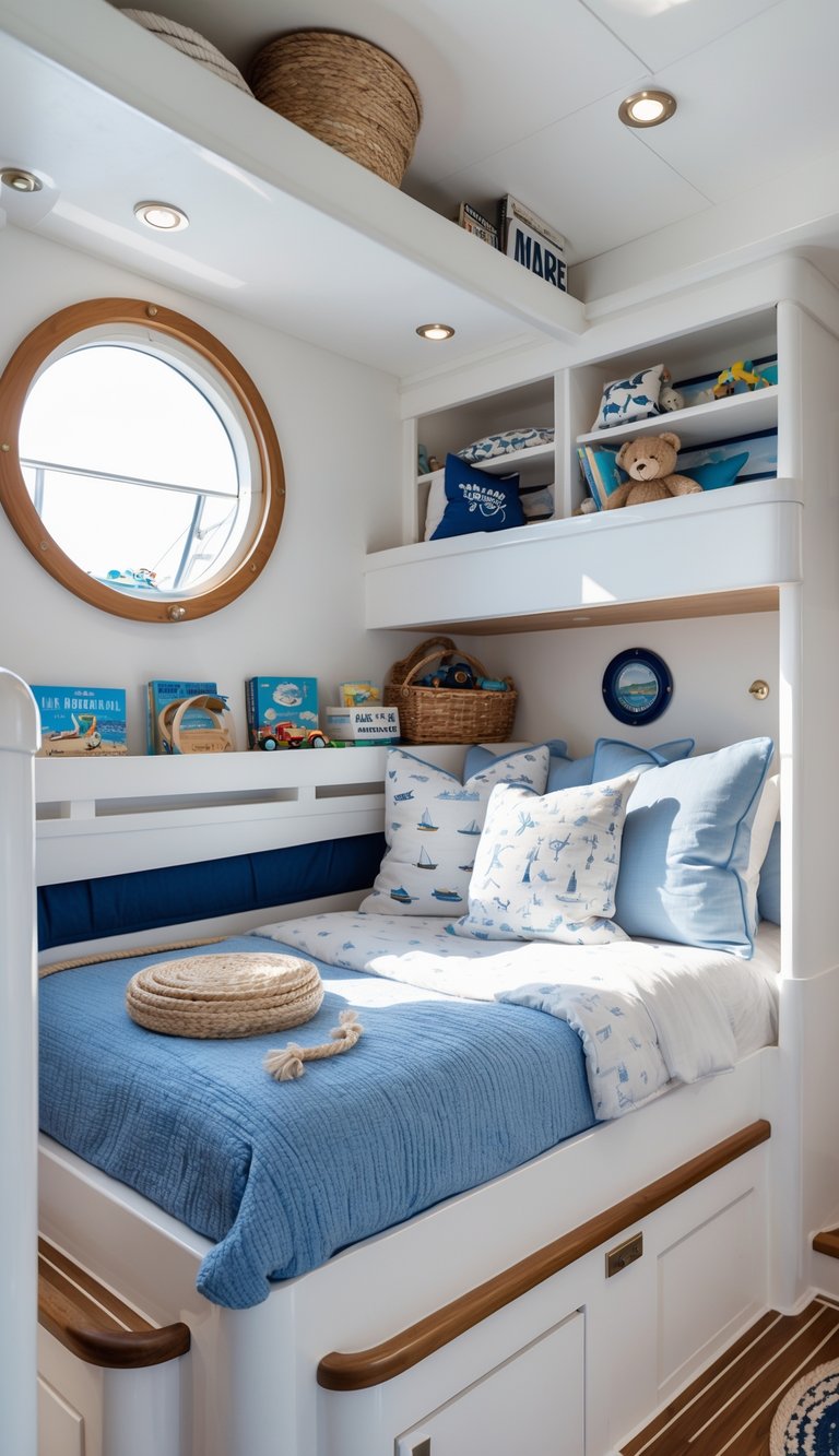 Children's bedroom on a boat with built-in shelves shaped like boat decks and a bunk bed decorated with nautical elements.