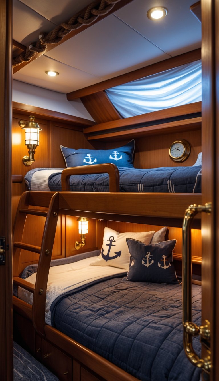 Bunk beds inside a boat cabin with built-in LED lights shaped like ship lanterns, surrounded by nautical decor.