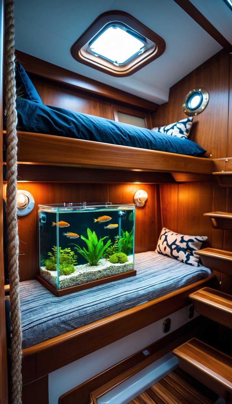 A bunk bed in a boat cabin with a small aquarium built into the wooden bed frame, showing colorful fish and aquatic plants.