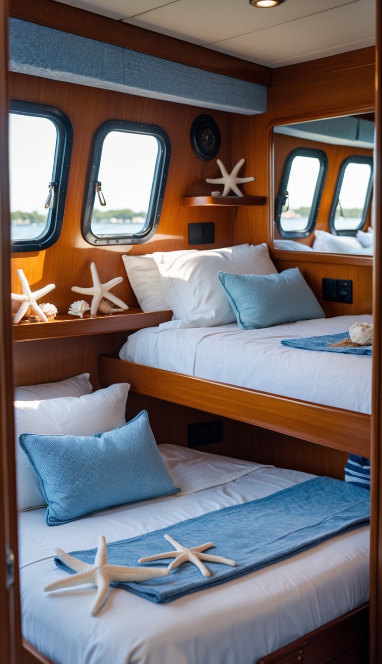 A cozy bunk bed setup inside a boat with starfish and seashell decorations and natural light coming through porthole windows.