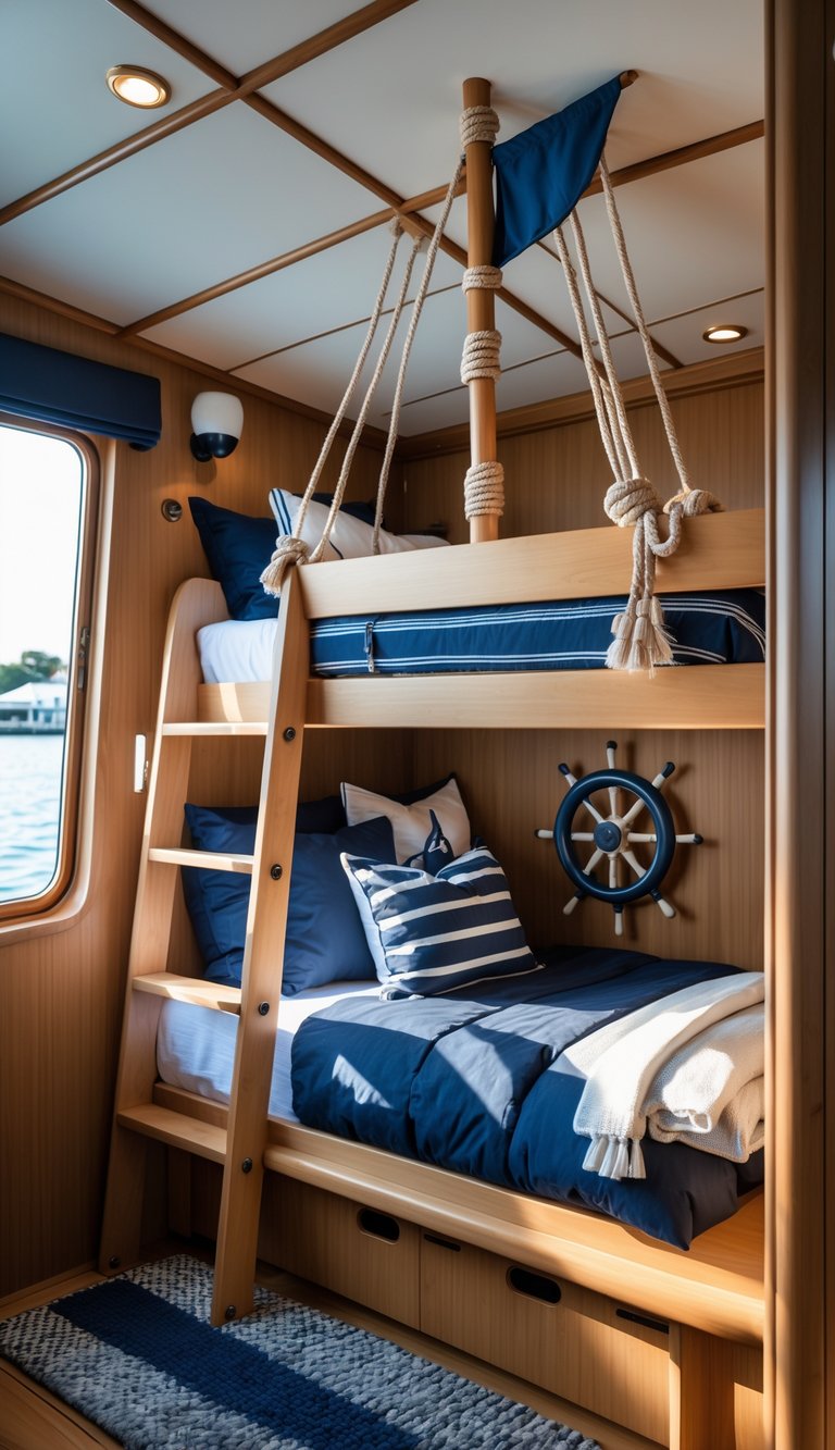 A children's bedroom on a boat with a wooden bunk bed featuring a mast-inspired canopy and nautical decorations.