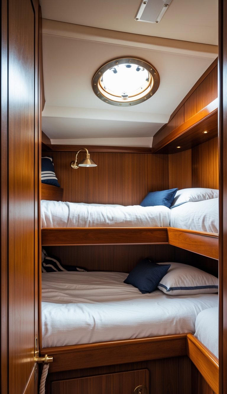A cozy bunk bed area inside a boat with wood-paneled walls, two bunk beds, and a small porthole window letting in natural light.