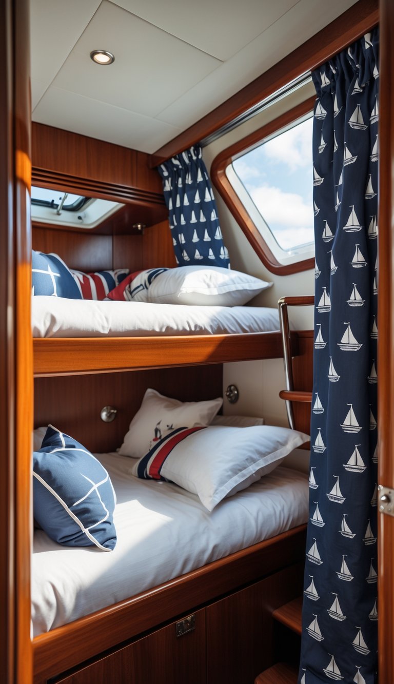 A bunk bed area on a boat with navy blue curtains featuring sailboat patterns and neatly made beds.
