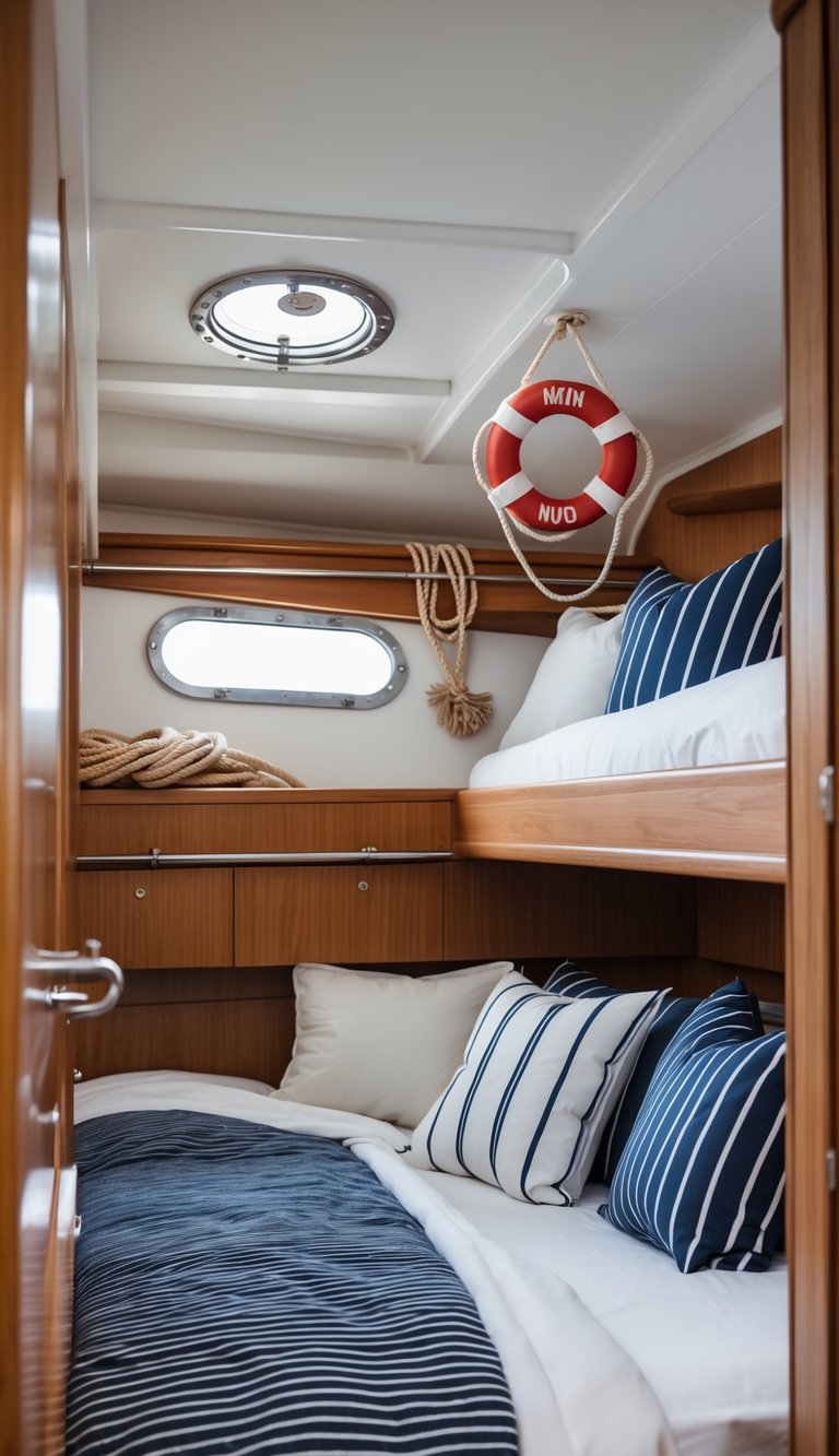 Interior of a boat cabin with a bunk bed and a small decorative lifebuoy hanging on the wall.