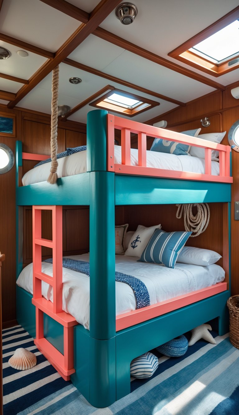A wooden bunk bed painted in teal and coral colors inside a boat cabin with wooden walls and nautical decor.