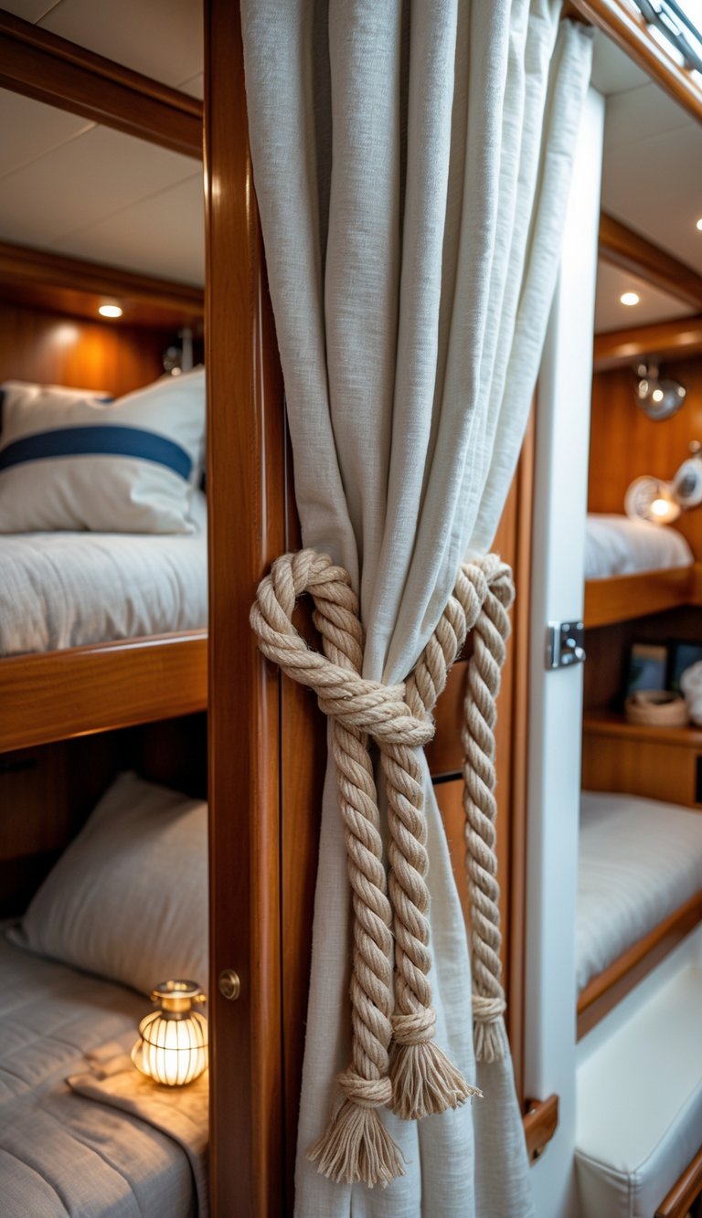 Bunk beds inside a boat cabin with light curtains held back by rope tiebacks and nautical-themed decor.