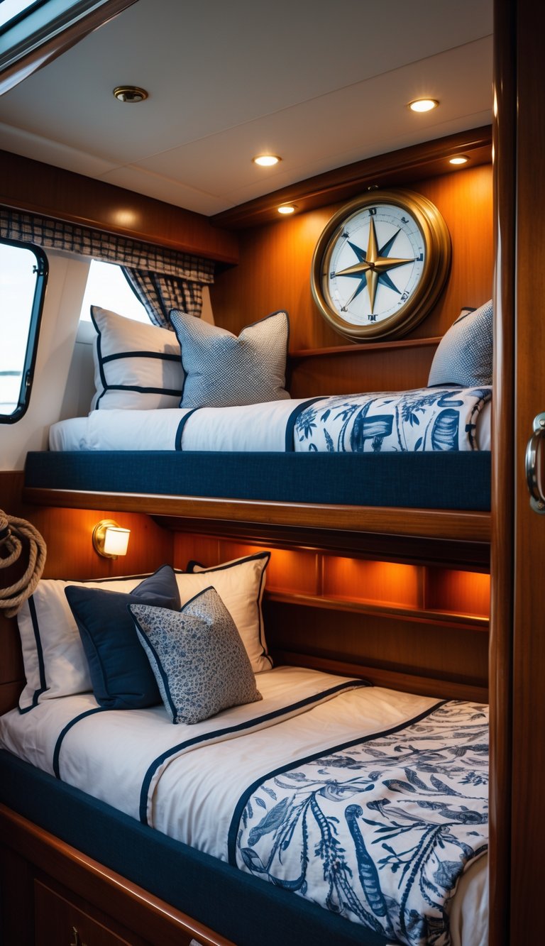 A bunk bed setup inside a boat with nautical bedding and a vintage compass clock on a nearby shelf.