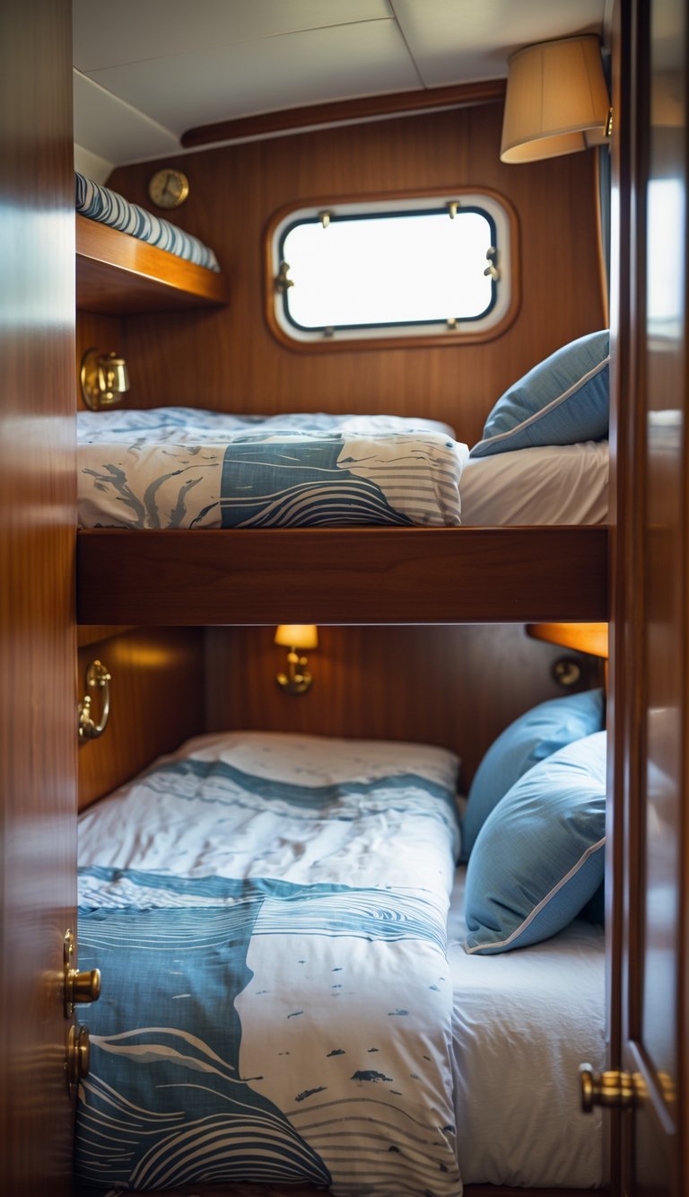 A bunk bed inside a boat cabin with bedding that has subtle wave and ocean patterns, surrounded by wooden walls and a small porthole window.