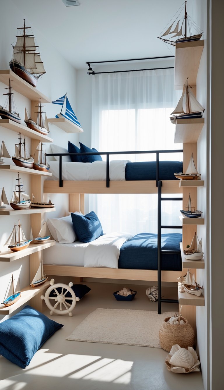 A bunk bed in a bedroom with shelves displaying miniature model ships and nautical decorations.
