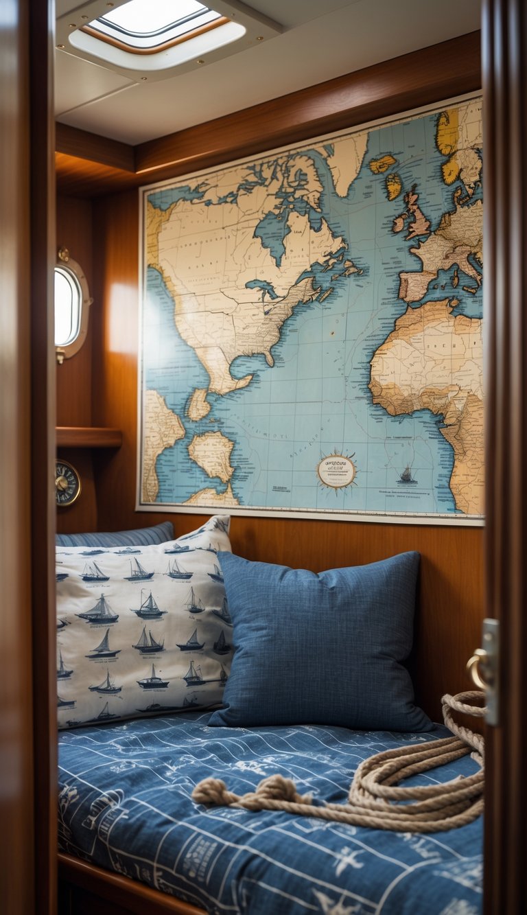 A boat cabin with a bunk bed and a vintage maritime map hanging on the wall behind it.