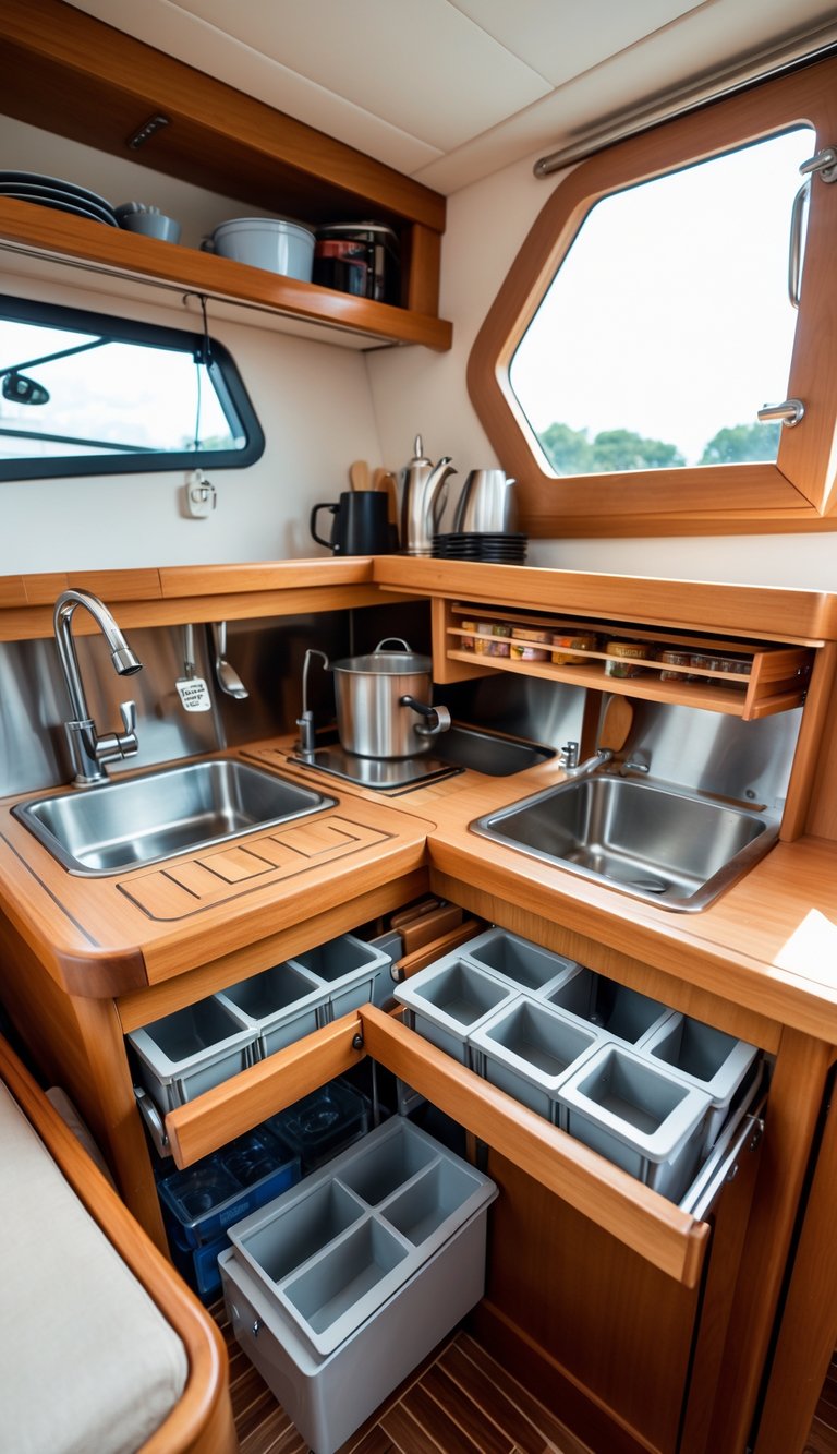 Compact boat kitchen interior with multiple organized storage solutions and kitchen utensils neatly arranged.