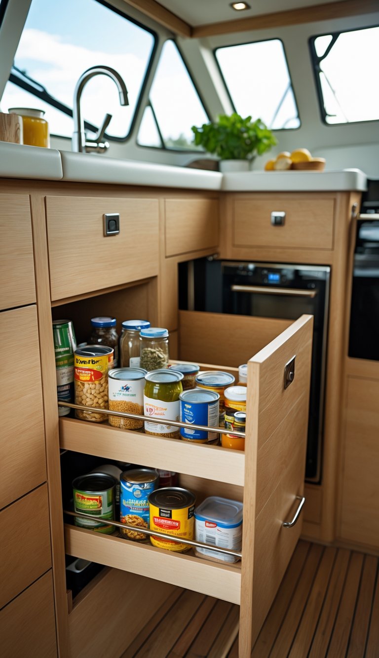 Compact boat kitchen with pull-out pantry drawers open, showing organized food storage and a small galley area.