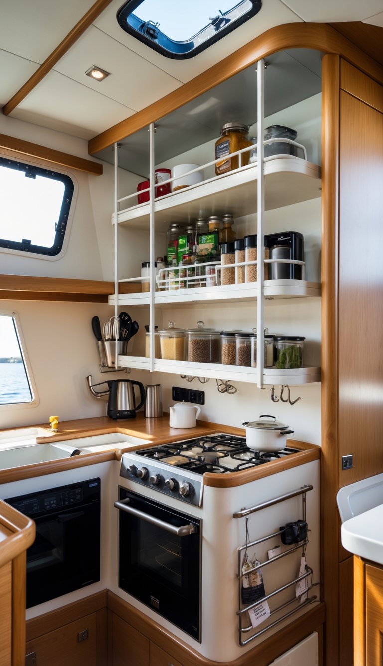 Compact boat kitchen with vertical shelving reaching the ceiling, neatly organized with kitchen items and storage solutions.